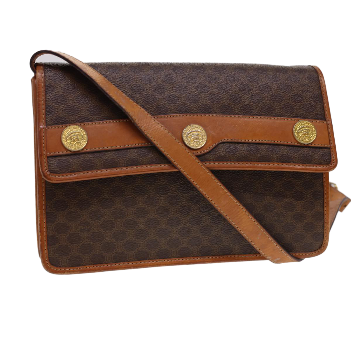 Celine Macadam Canvas Shoulder Bag Pvc Leather Brown Auth 40101